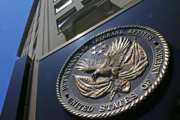 This June 21, 2013, file photo, shows the seal affixed to the front of the Department of Veterans Affairs building in Washington. (AP Photo/Charles Dharapak, File)