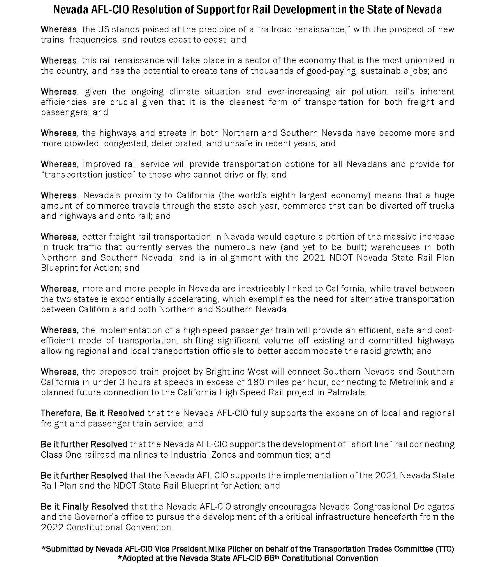 Nevada AFL-CIO Resolution of Support for Rail Development in the State of Nevada